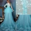 Beautiful Blue Cocktail Dress Flower Scoop Neckline Organza Party Dress With Long Tailing