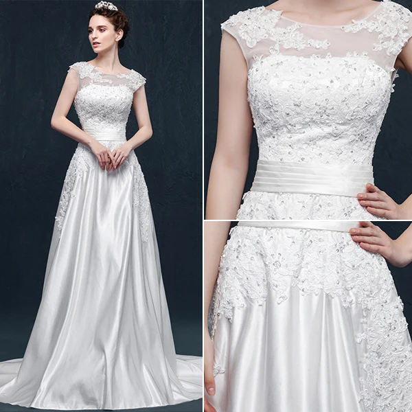Une Ligne Volants Appliques Décolleté Carré De Dentelle Sash Robe De Mariée En Satin