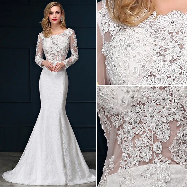Sirène Encolure Carrée Manches Longues Robe De Mariée En Dentelle Ajourée