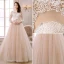 Elegant A-line Lace Neck Pierced Design 3/4 Sleeves Sash Champagne Organza Wedding Dress