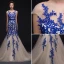 Mermaid Square Neckline Royal Blue Lace Champagne Organza Evening Dress