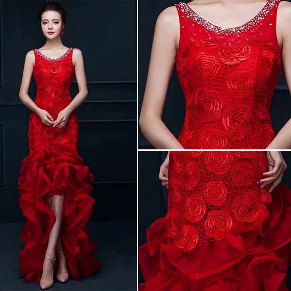 Glamorous Mermaid Red Long Evening Dress Flower Organza Party Dress With Rhinestone