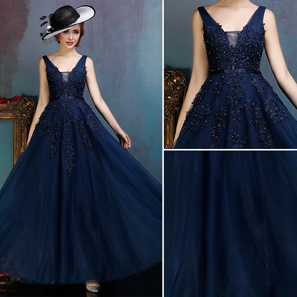 Glamorous Backless Dark Blue Prom Dress Applique Lace Party Dress With Sequins