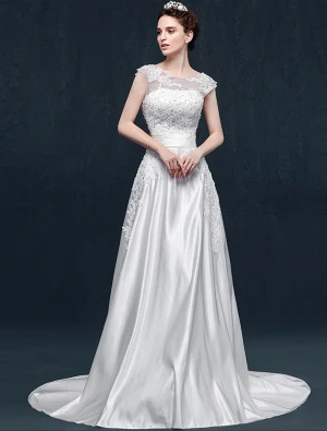 Une Ligne Volants Appliques Décolleté Carré De Dentelle Sash Robe De Mariée En Satin