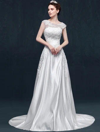 Une Ligne Volants Appliques Décolleté Carré De Dentelle Sash Robe De Mariée En Satin