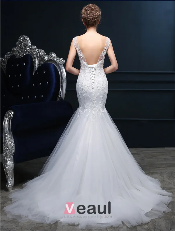 Mermaid Square Neckline Backless Lace Tulle Wedding Dress