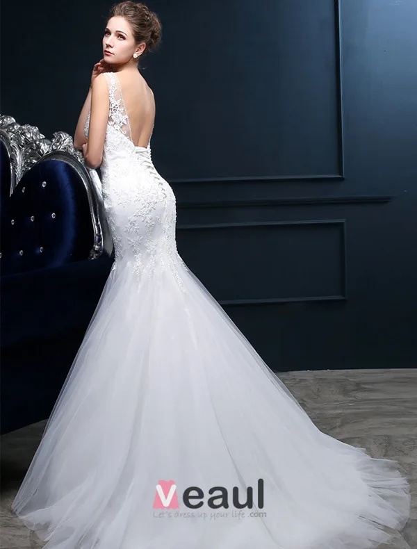 Mermaid Square Neckline Backless Lace Tulle Wedding Dress