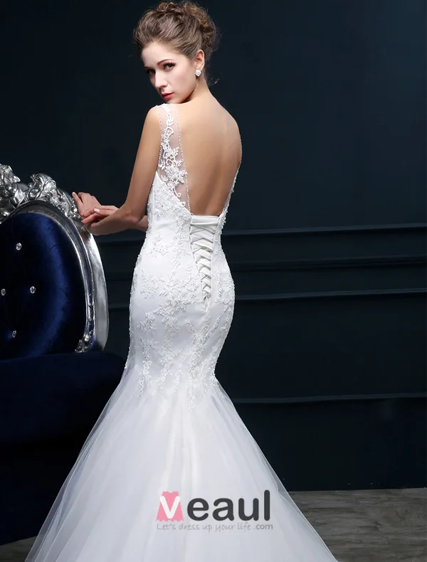 Mermaid Square Neckline Backless Lace Tulle Wedding Dress