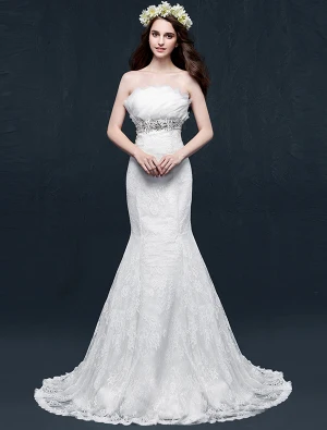 Mermaid Bez Ramiączek Backless Linkę Kryształowe Suknię Ślubną Koronki Falbany