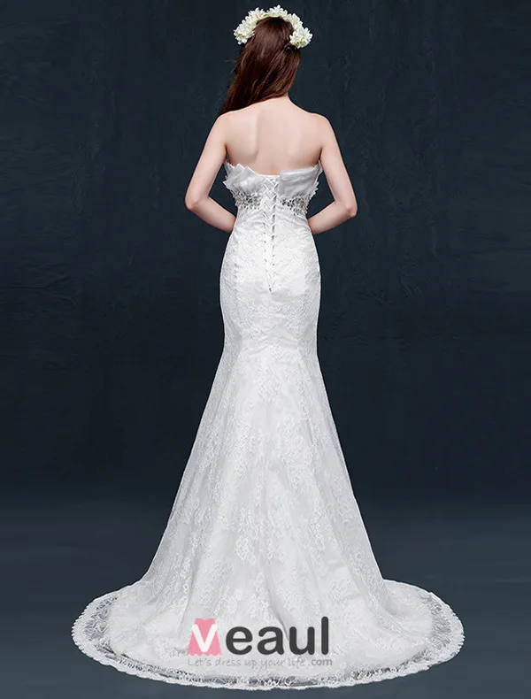 Mermaid Strapless Backless Beading Crystal Ruffles Lace Wedding Dress