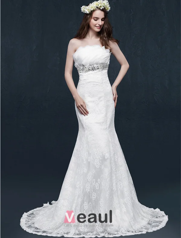 Mermaid Strapless Backless Beading Crystal Ruffles Lace Wedding Dress