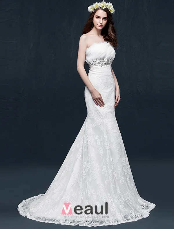 Mermaid Strapless Backless Beading Crystal Ruffles Lace Wedding Dress