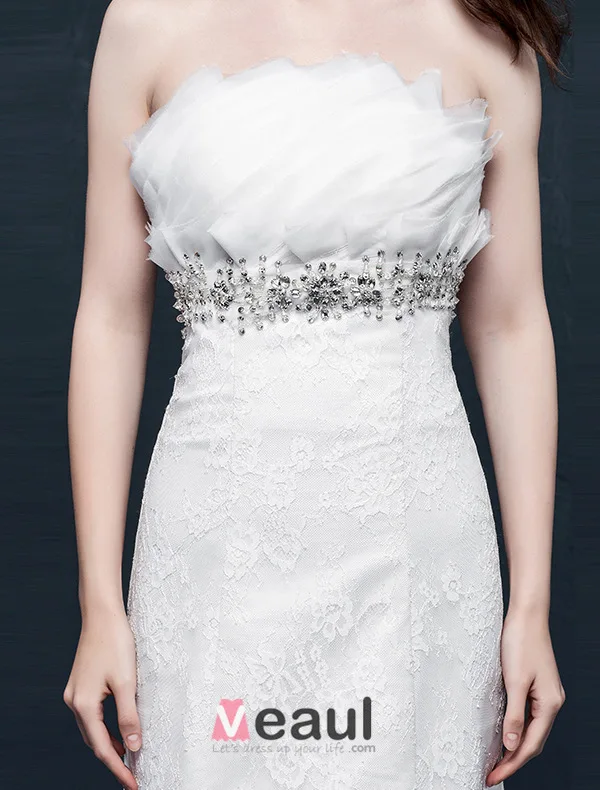 Mermaid Strapless Backless Beading Crystal Ruffles Lace Wedding Dress