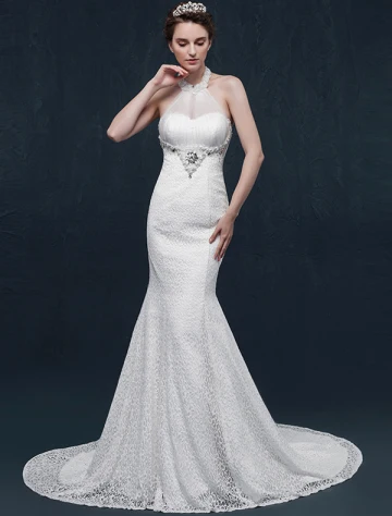 Sirène Halter Perles Robe De Mariée En Dentelle De Perles De Cristal Strass