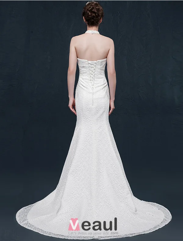 Mermaid halter beading pearl rhinestone crystal lace wedding Dress