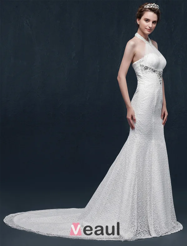 Mermaid halter beading pearl rhinestone crystal lace wedding Dress