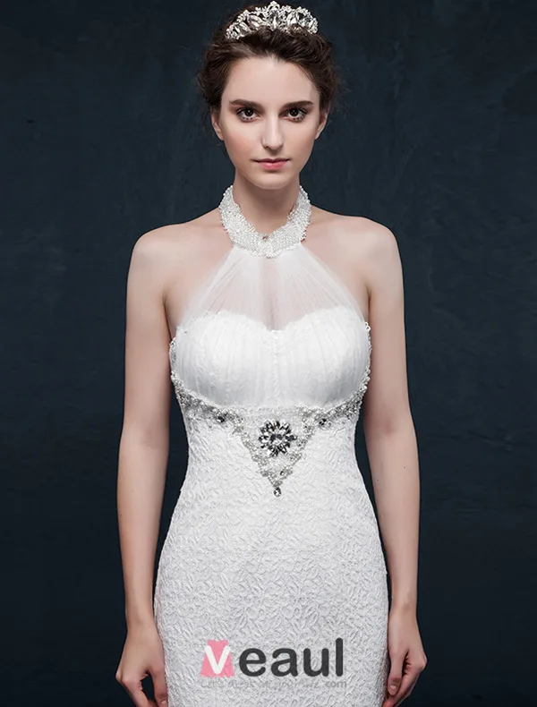 Mermaid halter beading pearl rhinestone crystal lace wedding Dress