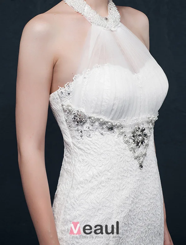 Mermaid halter beading pearl rhinestone crystal lace wedding Dress