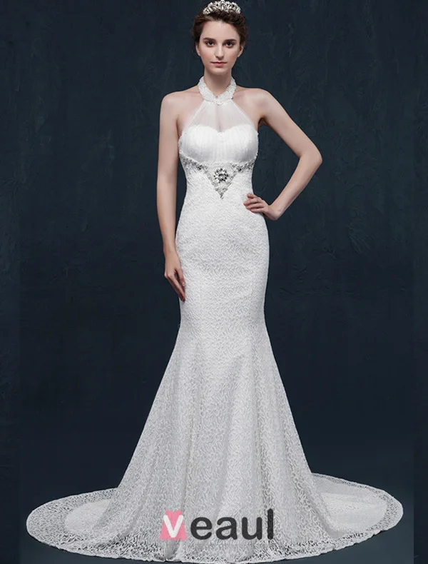 Mermaid halter beading pearl rhinestone crystal lace wedding Dress