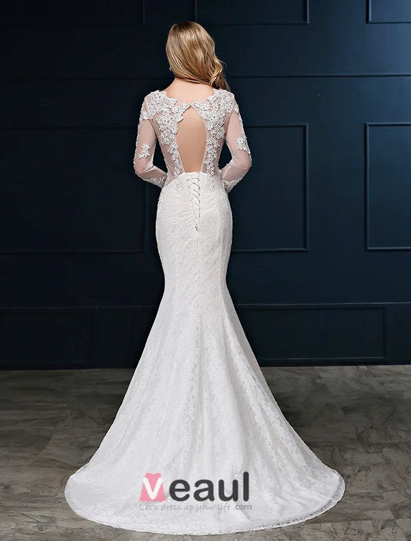 Sirène Encolure Carrée Manches Longues Robe De Mariée En Dentelle Ajourée