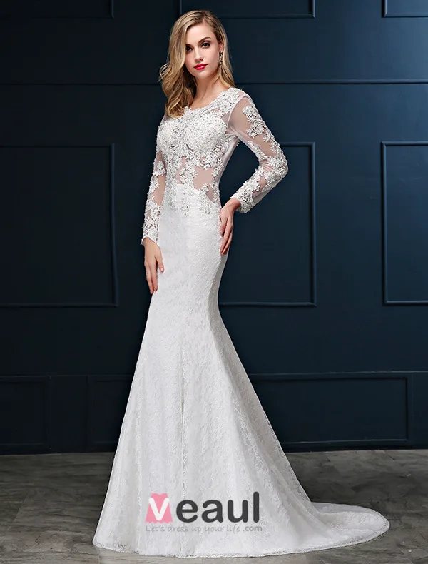 Sirène Encolure Carrée Manches Longues Robe De Mariée En Dentelle Ajourée