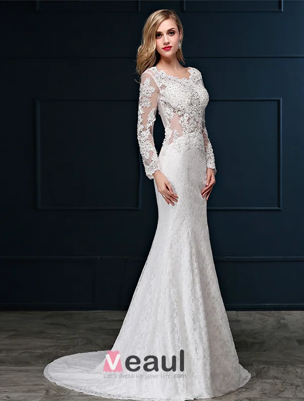 Sirène Encolure Carrée Manches Longues Robe De Mariée En Dentelle Ajourée