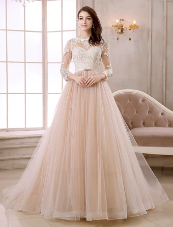 Elegant A Line Lace Neck Pierced Design 3 4 Sleeves Sash Champagne Organza Wedding Dress