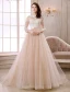 Elegant A-line Lace Neck Pierced Design 3/4 Sleeves Sash Champagne Organza Wedding Dress