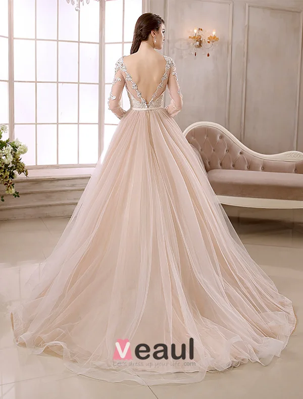 Elegant A-line Lace Neck Pierced Design 3/4 Sleeves Sash Champagne Organza Wedding Dress