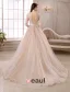 Elegant A-line Lace Neck Pierced Design 3/4 Sleeves Sash Champagne Organza Wedding Dress