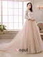 Elegant A-line Lace Neck Pierced Design 3/4 Sleeves Sash Champagne Organza Wedding Dress