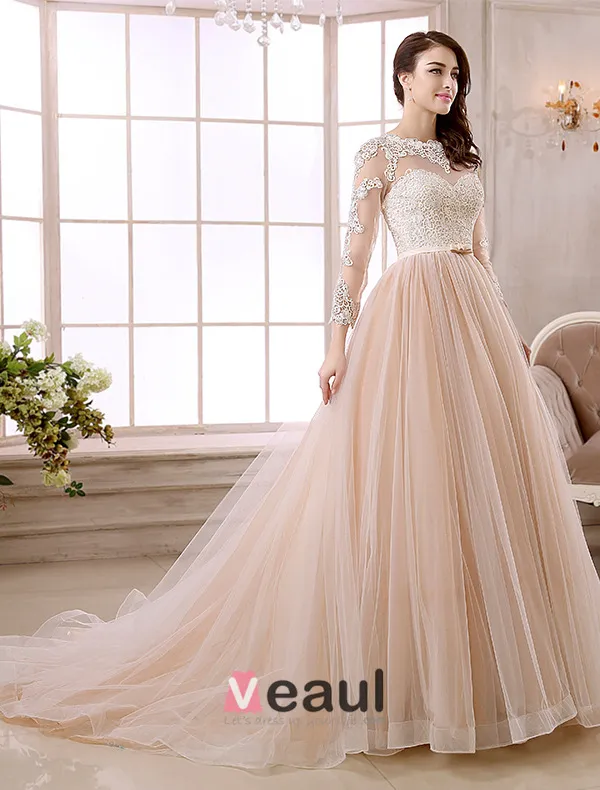 Elegant A-line Lace Neck Pierced Design 3/4 Sleeves Sash Champagne Organza  Wedding Dress