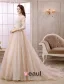 Elegant A-line Lace Neck Pierced Design 3/4 Sleeves Sash Champagne Organza Wedding Dress