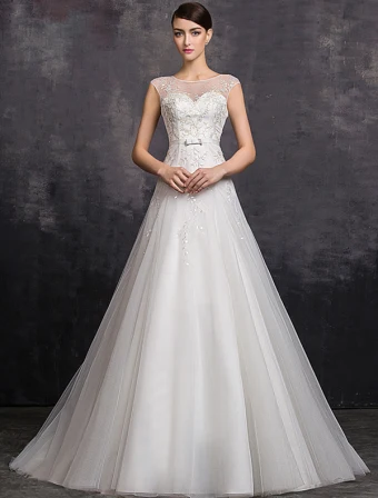 Elegant A Line Square Neckline Beading Sequins Organza Wedding Dress