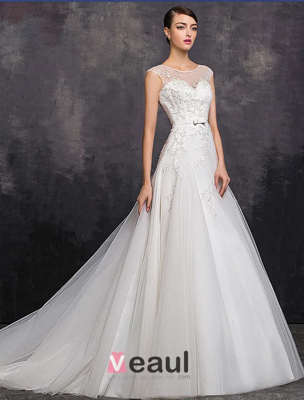 Eleganta En-line Fyrkantig Ringning Beading Paljetter Organza Bröllopsklänning