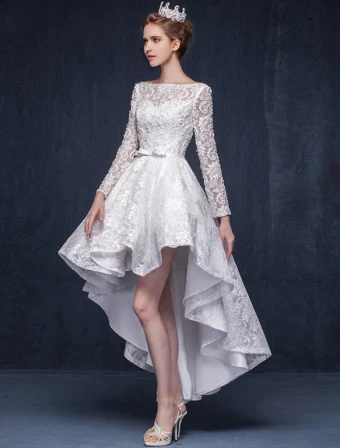 Gorgeous A Line Square Neckline Ruffle Asymmetrical Short Lace Wedding Dress