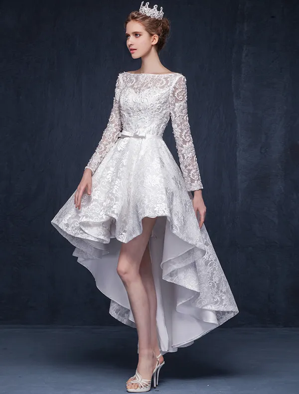Gorgeous A-line Square Neckline Ruffle Asymmetrical Short Lace Wedding Dress