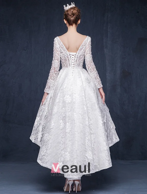 Gorgeous A-line Square Neckline Ruffle Asymmetrical Short Lace Wedding Dress