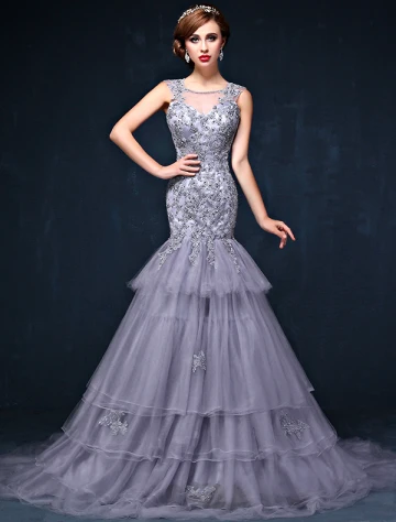 Magnifique Sirène Appliques Encolure Carrée Manches Dos Nu Dentelle Robe De Soirée Grise