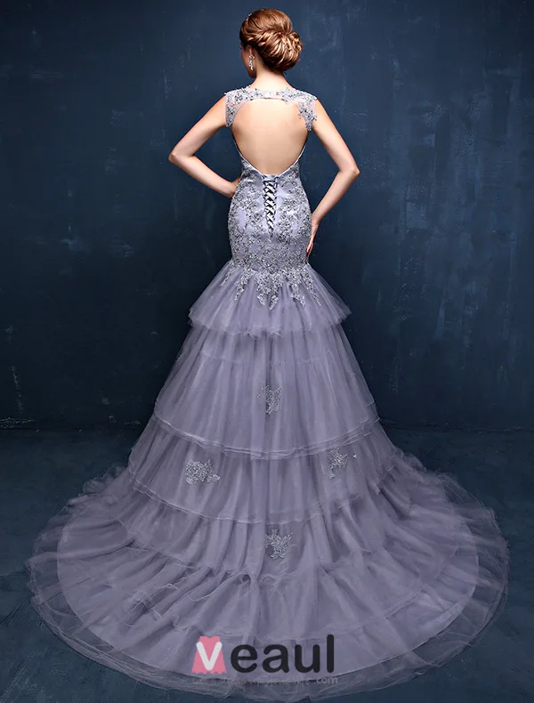 Gorgeous Mermaid Square Neckline Sleeveless Backless Appliques Lace Grey Evening Dress