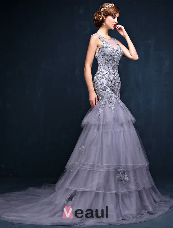 Gorgeous Mermaid Square Neckline Sleeveless Backless Appliques Lace Grey Evening Dress