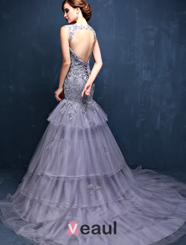 Gorgeous Mermaid Square Neckline Sleeveless Backless Appliques Lace Grey Evening Dress