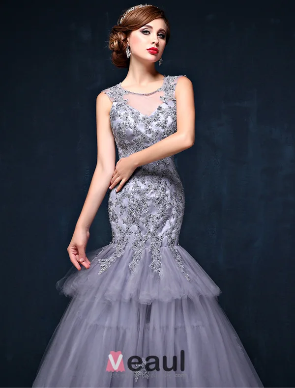 Gorgeous Mermaid Square Neckline Sleeveless Backless Appliques Lace Grey Evening Dress