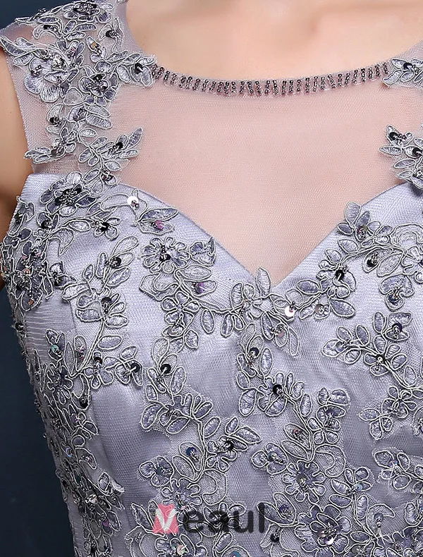 Gorgeous Mermaid Square Neckline Sleeveless Backless Appliques Lace Grey Evening Dress