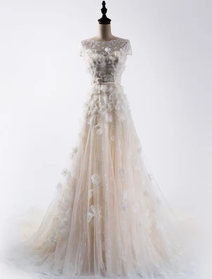 Une Ligne Encolure Carrée Manches Courtes Appliques Perles Robe De Mariée En Organza De Champagne