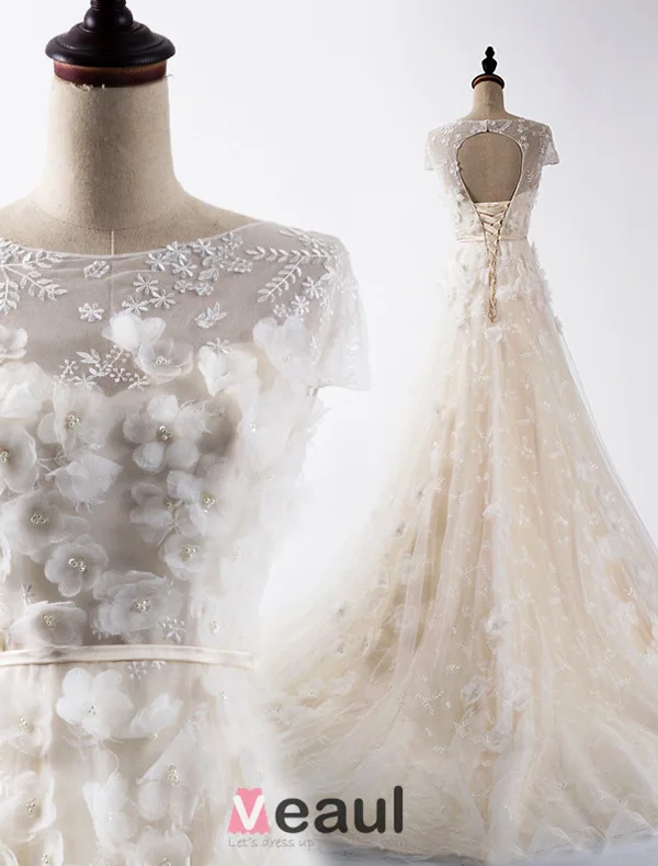 A-line Quadratischen Ausschnitt Kurzen Ärmeln Appliques Champagner Brautkleid