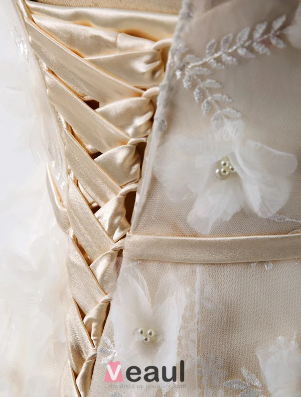 A-line Quadratischen Ausschnitt Kurzen Ärmeln Appliques Champagner Brautkleid