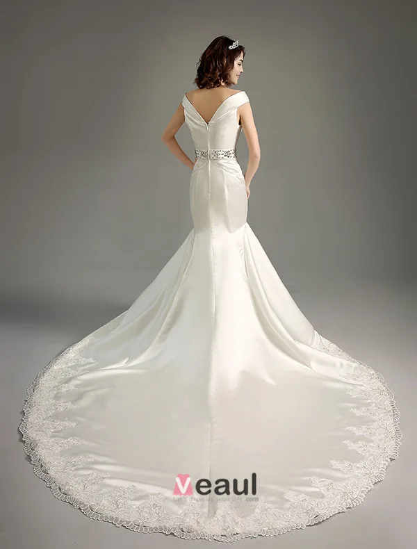 Mermaid Off The Shoulder Deep V-neck Beading Rhinestones Sash Ivory Satin Wedding Dress
