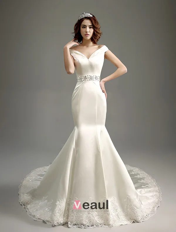 Mermaid Off The Shoulder Deep V-neck Beading Rhinestones Sash Ivory Satin Wedding Dress