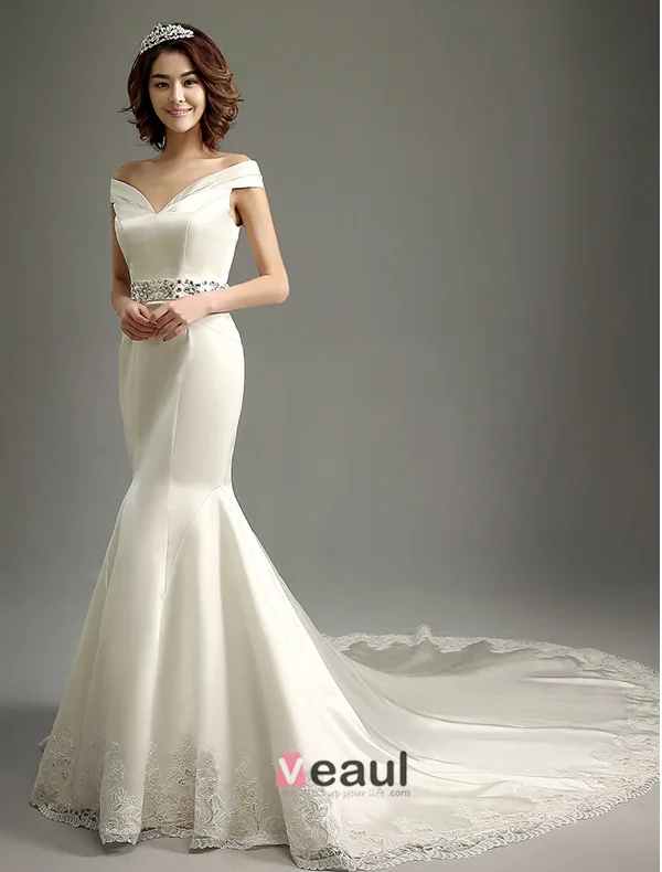 Mermaid Off The Shoulder Deep V-neck Beading Rhinestones Sash Ivory Satin Wedding Dress